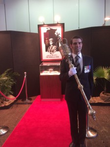 Serjeant At Arms, Ben Harris in front of Albert Borella's Victoria Cross and medal group.